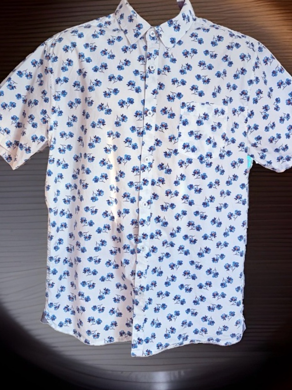Men's Short-Sleeve Floral Button-Up Shirt - White with Blue Floral